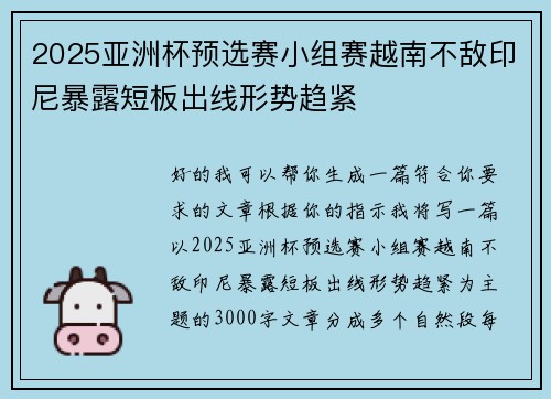 2025亚洲杯预选赛小组赛越南不敌印尼暴露短板出线形势趋紧